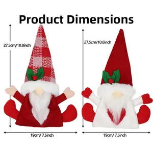 Detailed size chart showing two Christmas gnome wine bottle covers with dimensions in cm and inches