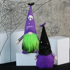 Halloween faceless gnomes set with purple hat skull print and bat elements decor