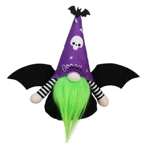 Halloween gnome plush with purple hat, bat wings and green beard on white background