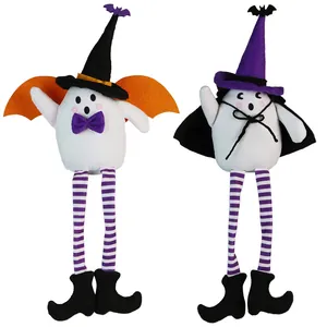 Halloween ghost plush dolls with long striped legs, witch hats, and colorful wings
