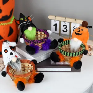 Cesta de Dulces de Gnomo de Halloween Cesta de Almacenamiento de Bambú Tejido Calabaza Fantasma Gato Negro Peluche Adorno Mesa