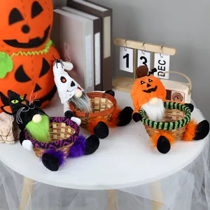 Set de tres cestas de gnomos de Halloween con fantasma gato negro y diseño calabaza