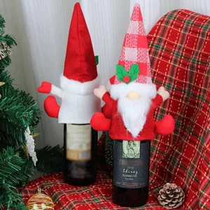 Christmas gnome wine bottle covers set with knitted red and plaid hats for table decor