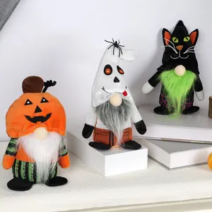 Three Halloween gnomes set with pumpkin ghost and black cat motifs for holiday decor