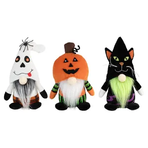 Set of 3 Halloween gnomes featuring ghost, pumpkin, and black cat plush designs