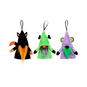 Set of 3 plush Halloween gnomes decorations in black, green and purple with hanging strings