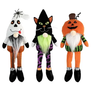 Set of 3 Halloween gnomes featuring ghost, black cat, and pumpkin designs with long legs