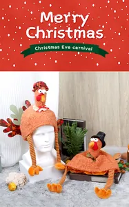 Close-up of bright orange textured plush turkey hat with decorative stripes and festive details