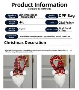 Detailed specs of festive faceless gnome door handle hangers in red and green patterns