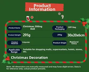 Detailed specifications chart for festive plush Christmas elf dolls with polyester fabric info
