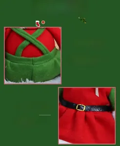 Detail of Christmas elf plush showing red felt overalls and black belt with golden buckle