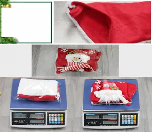 Detailed weight display of large plush Christmas stockings with Santa and snowman appliques