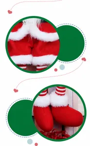 Detail der Weihnachts-Plüschpuppe mit roten Samtstiefeln und gestreiften Strickbeinen