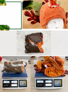 Detail view of plush autumn turkey hat weight measurement and soft texture