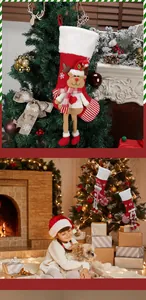 Detailed view of a plush Christmas stocking with a 3D reindeer doll and cozy knit accents