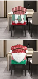 Detail of Christmas gnome chair covers with green stripes, braids, and red bearded design