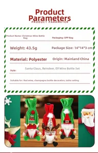 Close-up of festive Christmas wine bottle covers with gnome and reindeer designs