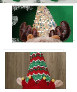 Close-up of sequined reindeer antlers and knit elf hat with pom-pom Christmas details