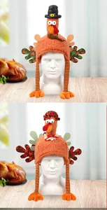 Detail of plush Thanksgiving turkey hats with maple leaf decor and striped earflaps