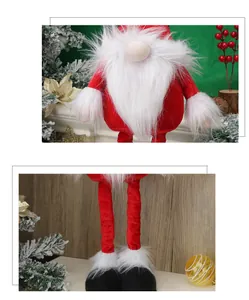 Close-up of a festive faceless gnome with red hat, white beard, and dangling legs details
