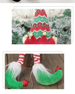 Macro detail of Christmas elf ornament showing knit textures and festive glitter accents
