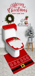 Detail of Christmas gnome toilet seat cover set with red velvet texture and tree patterns