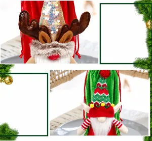 Detail of Christmas wine bottle covers featuring sequined gnome hats and knitted elf ears