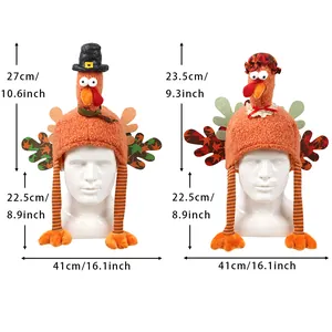 Thanksgiving turkey plush hats with long striped earflaps and autumn maple leaf wings
