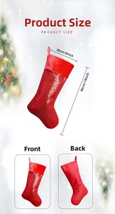 Detailed size specifications for red sequined Christmas stockings on winter background