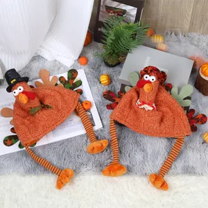 Thanksgiving plush turkey hats with long legs on a cozy autumnal decorative background