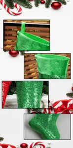 Detail of green sequin Christmas stocking with plush cuff and festive fireplace ornaments
