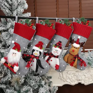 Large Christmas Stocking Festive Red Grey Felt Knit Tree Hanging Decoration Santa Snowman Reindeer Penguin Holiday Bag