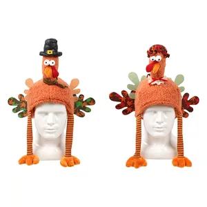 Plush Thanksgiving turkey hats set with long striped legs and maple leaf decor for autumn