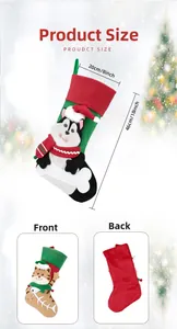 Detailed size view of plush Christmas stockings featuring 3D cartoon cat and dog designs
