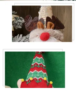 Close-up of sequined Christmas gnome plush with elk antlers and knit fabric textures