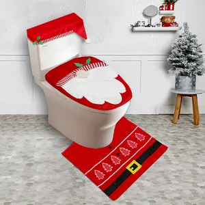 Christmas Santa Claus Toilet Seat Cover And Bathroom Rug And Tank Cover Red Polyester Holiday Bathroom Decoration