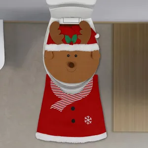 Christmas reindeer toilet cover and red floor mat set with snowflake decor