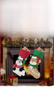 Detailed view of plush Christmas stockings featuring 3D cartoon husky and cat designs