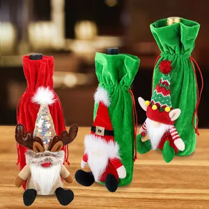 Set of 3 Christmas wine bottle covers featuring Santa gnome, reindeer, and elf designs