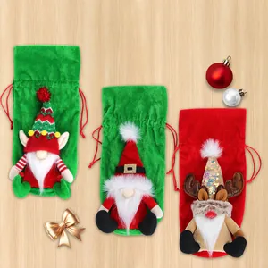 Three festive Christmas gnome wine bottle covers with plush beards and drawstring closure