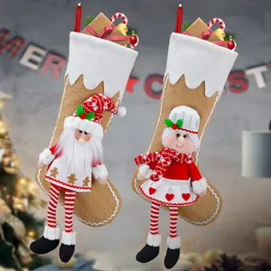 3D Doll Christmas Stocking Long Legged Chef Santa Pattern Polyester Faux Fur Fireplace Hanging Ornament Xmas Gift Bag Home Decor