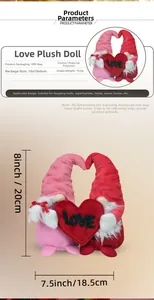 Detailed size and weight chart for Valentine's gnome plush holding a red Love heart