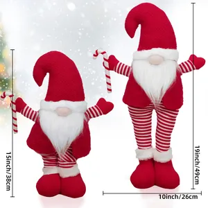 Standing telescopic Christmas Gnomes with red knitted hats and candy canes, 15 to 19 inches
