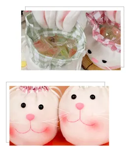 Detail of plush bunny ear drawstring gift bags with pink and green checkered patterns
