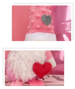 Detail eines rosa Zwergs mit rotem Plüschherz, weißem Bart und weichem Stoff für Valentinstag