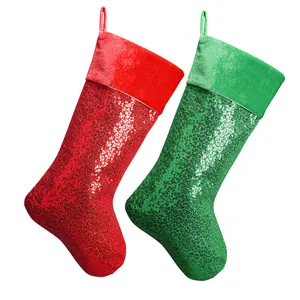 Sparkly sequin Christmas stocking set in red and green for fireplace holiday decoration