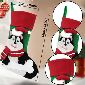 Christmas stocking with husky dog appliqué and green hanging loop for holiday decor