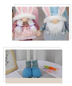 Detailed view of long-legged plush Easter bunny gnomes with soft fabric and plaid textures