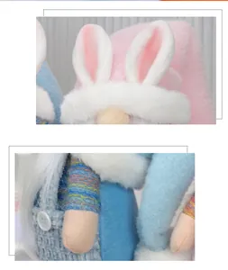 Detail of Easter gnome plush with bunny ears, long white beard, and pink fabric textures