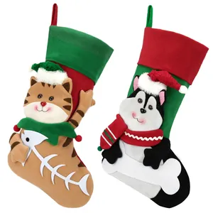 Christmas stockings set featuring 3D cartoon cat and dog figures for holiday home decoration